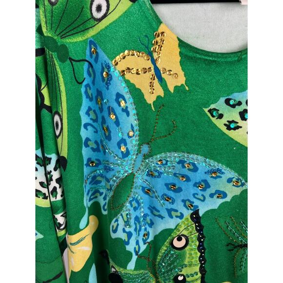 Lucia Burns Vintage Green Butterfly Print Sequin Beaded Silk Blend Sweater 2X - Picture 3 of 8